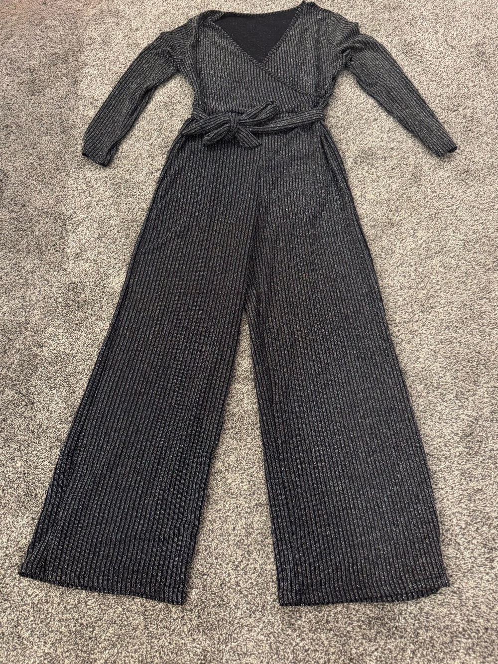 Metallic Black Ribbed Long-Sleeve Jumpsuit with Tie Waist